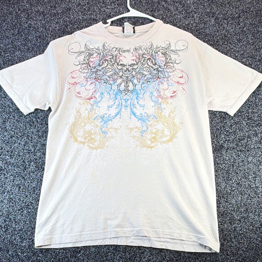 Miami Ink Shirt Mens Skull Tattoo Graphic Beige Cotton Y2K Grunge Crew Neck Tee